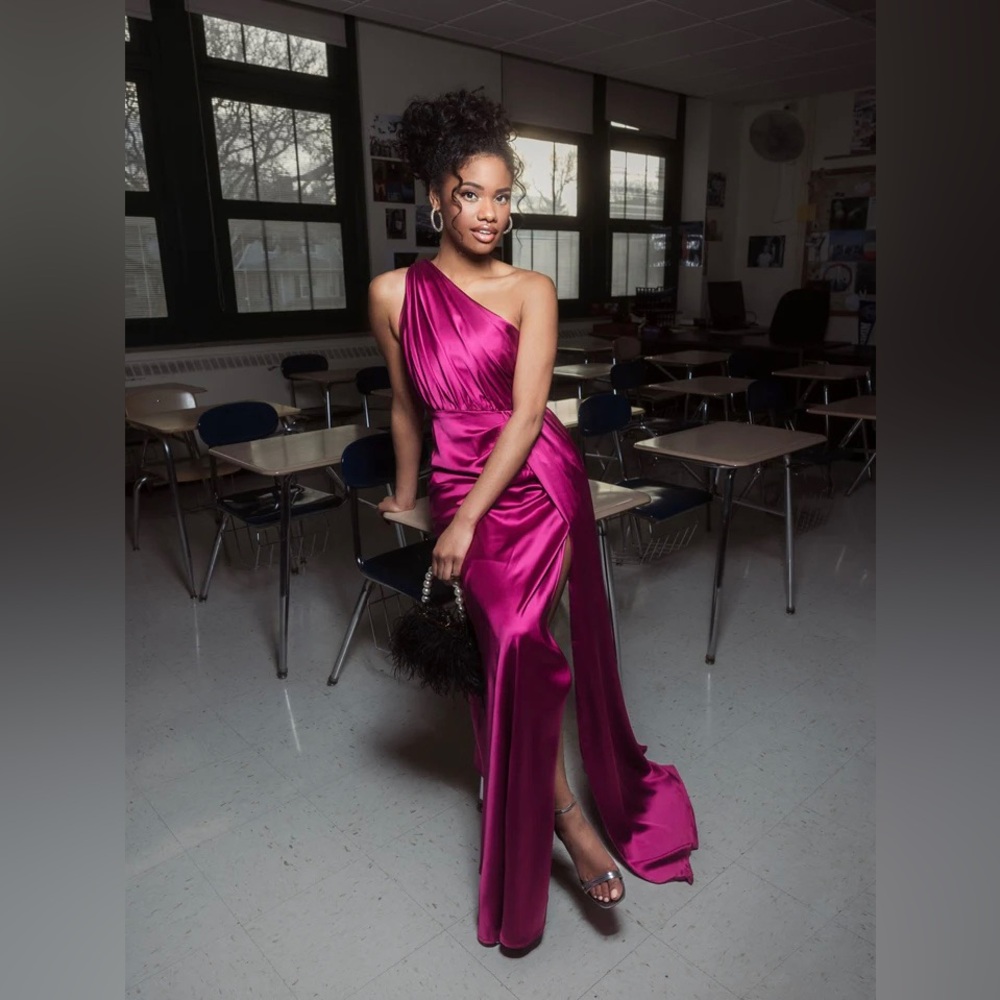 Mac Duggal Gathered One Shoulder Satin Faux Wrap Gown 26654